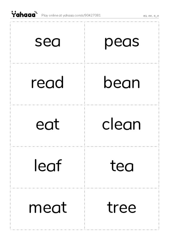 Word flashcards worksheet for ea, ee, e_e