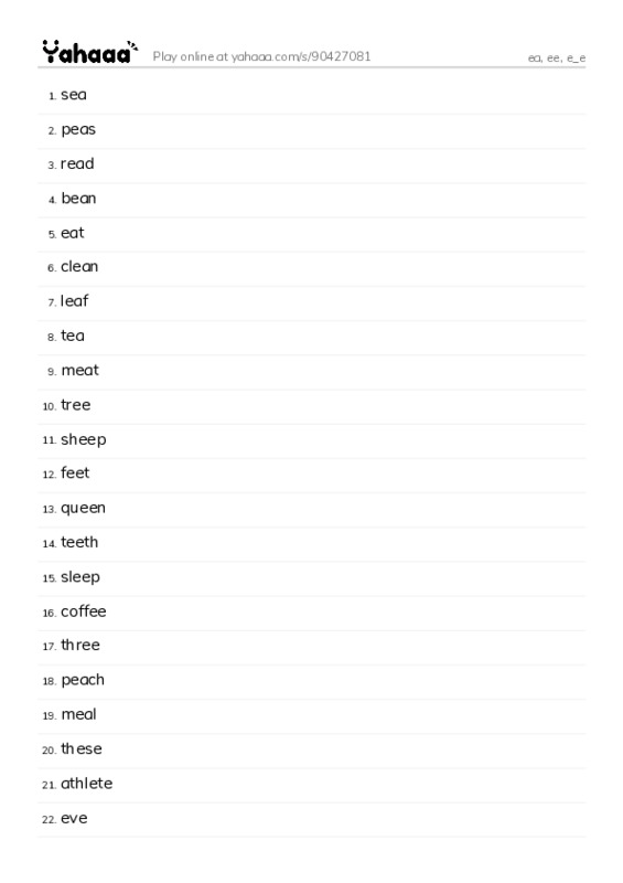 Word list with meanings worksheet for ea, ee, e_e