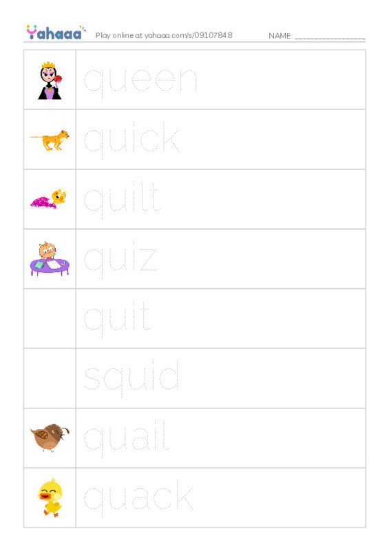 Picture and word rows worksheet for qu