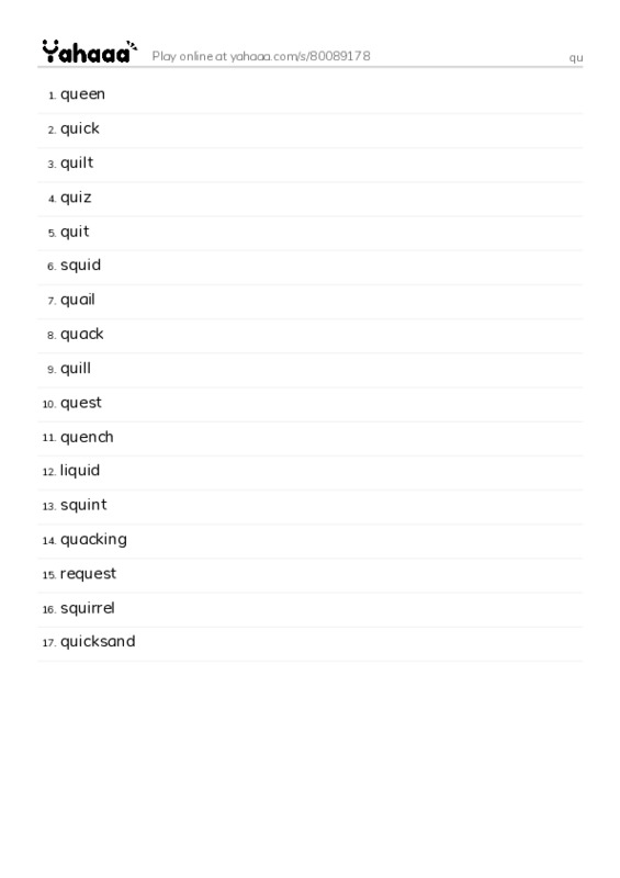 Word list with meanings worksheet for qu