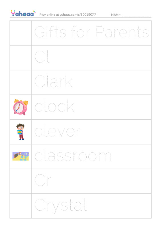 Picture and word rows worksheet for Gifts for Parents, Cl, Clark and 14 more
