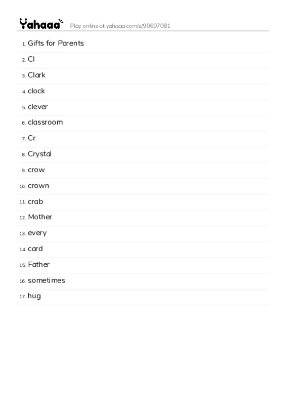 Word list with meanings worksheet for Gifts for Parents, Cl, Clark and 14 more