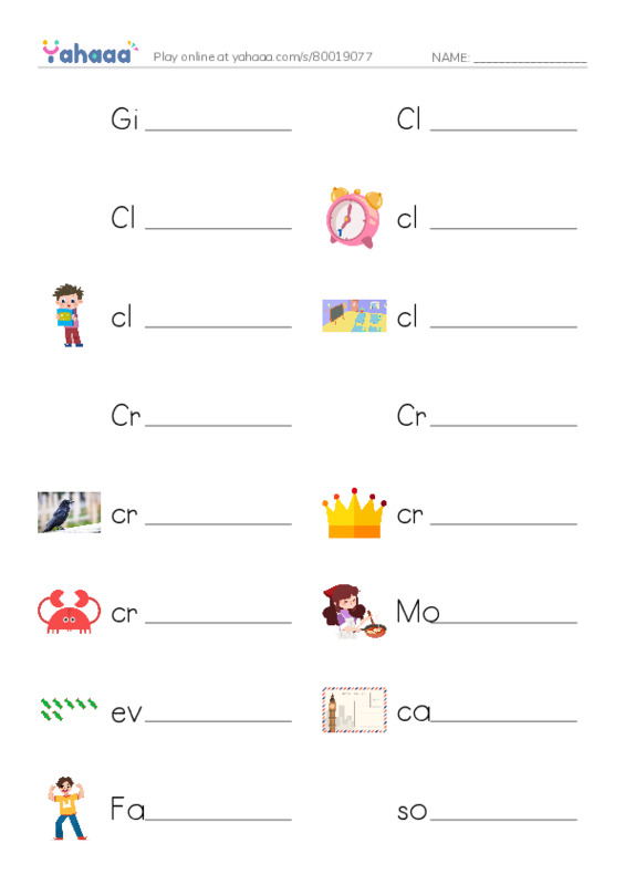 Write the word rows worksheet for Gifts for Parents, Cl, Clark and 14 more