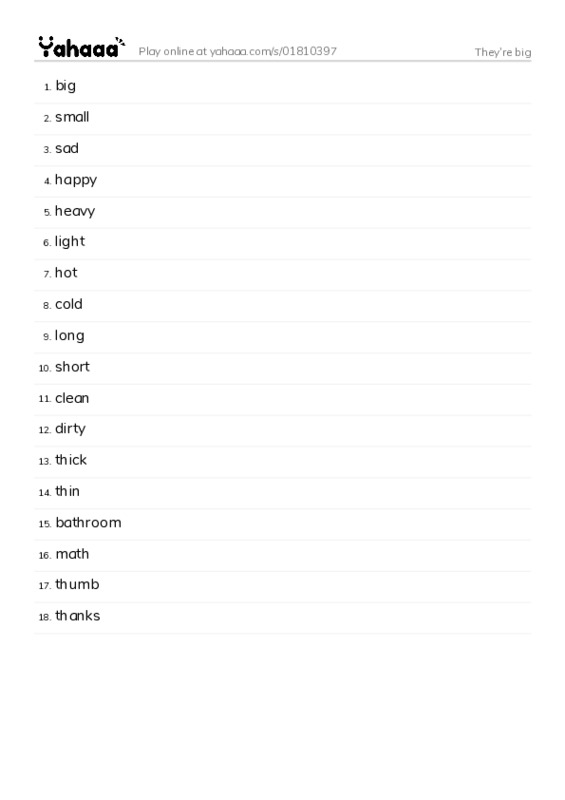Word list with meanings worksheet for They're big