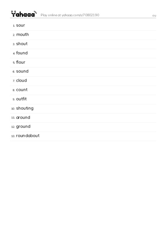 Word list with meanings worksheet for ou