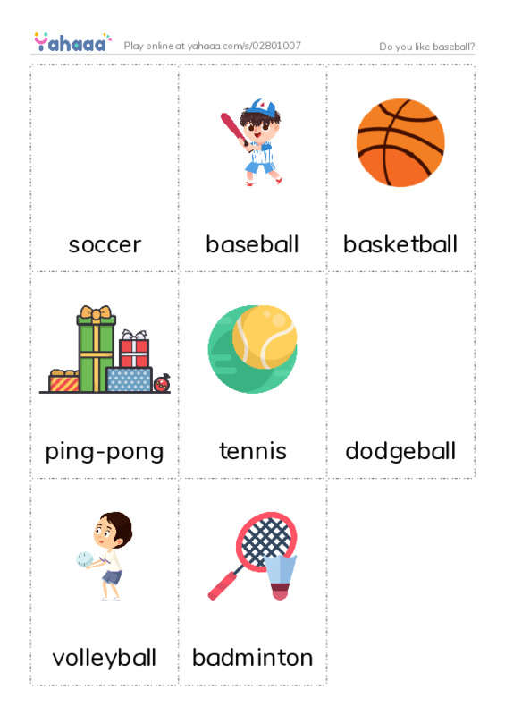 Picture flashcards worksheet for Do you like baseball?