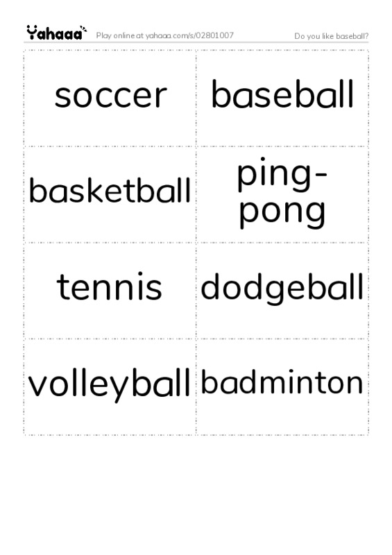 Word flashcards worksheet for Do you like baseball?