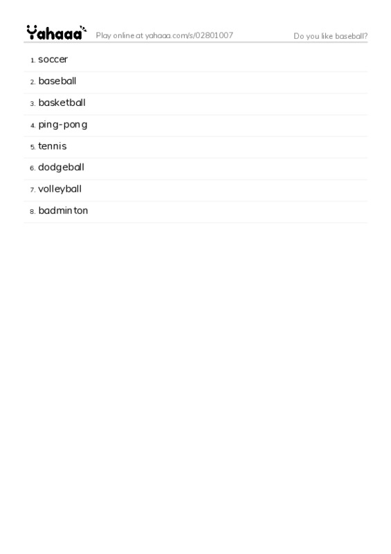 Word list with meanings worksheet for Do you like baseball?