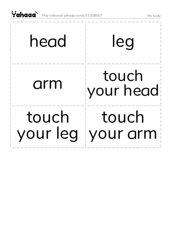 Word flashcards worksheet for My body