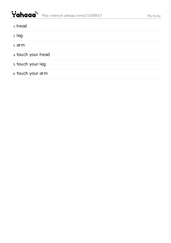 Word list with meanings worksheet for My body