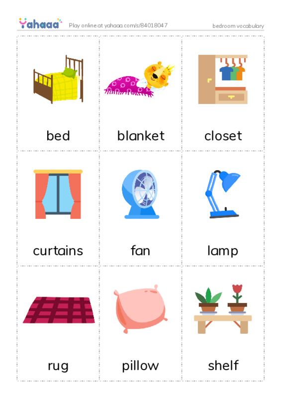 Picture flashcards worksheet for bedroom vocabulary