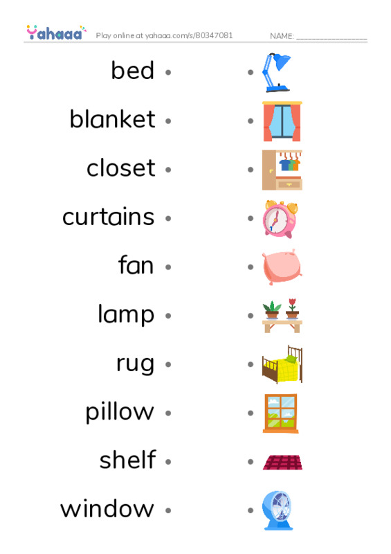Draw a line to match worksheet for bedroom vocabulary