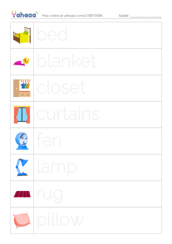 Picture and word rows worksheet for bedroom vocabulary