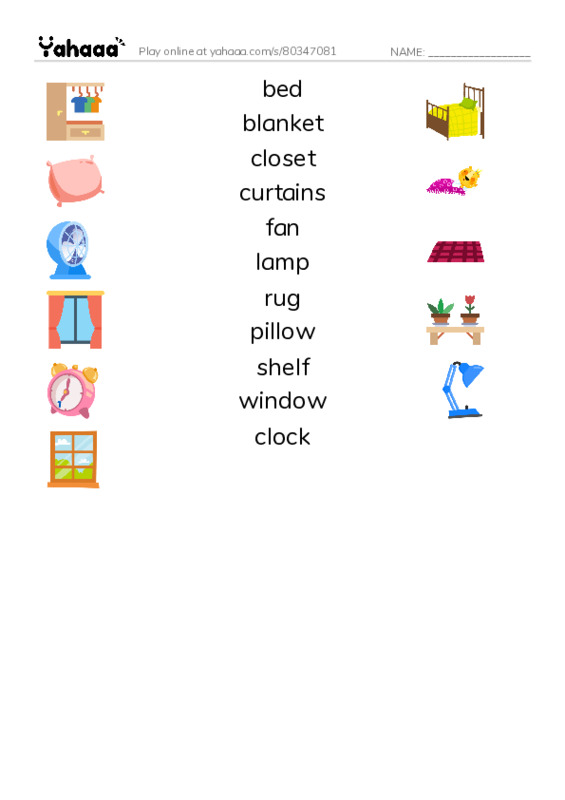Match both sides worksheet for bedroom vocabulary