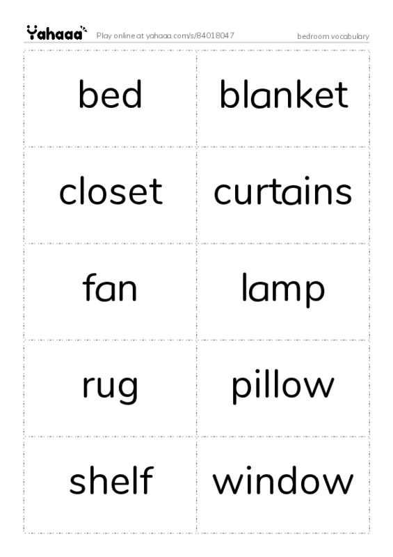Word flashcards worksheet for bedroom vocabulary