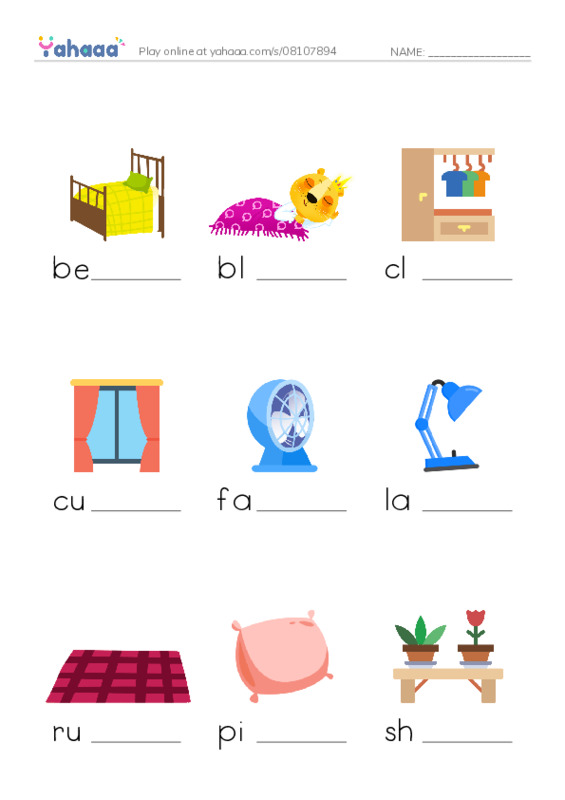 Finish the word worksheet for bedroom vocabulary