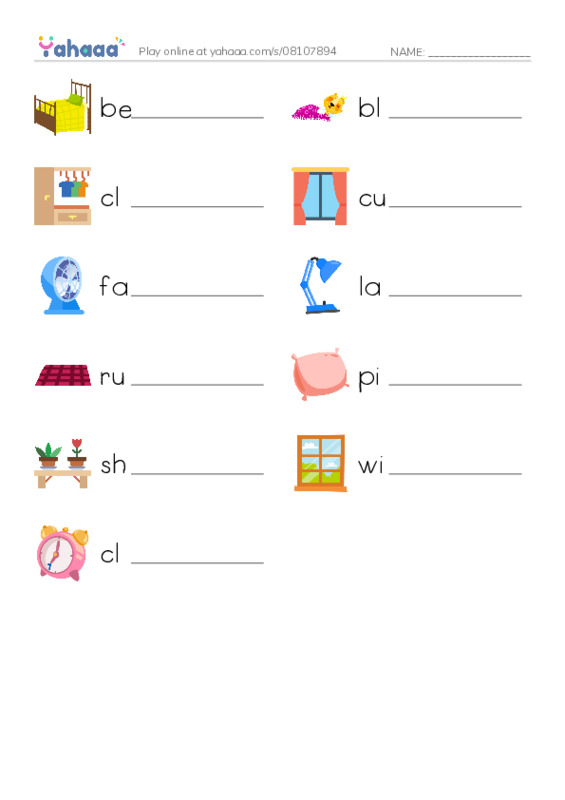 Write the word rows worksheet for bedroom vocabulary