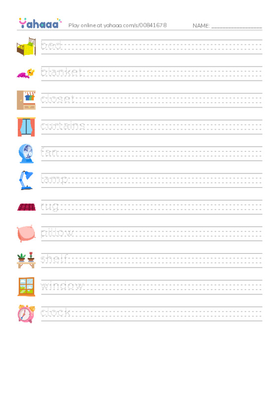 Handwriting lines worksheet for bedroom vocabulary