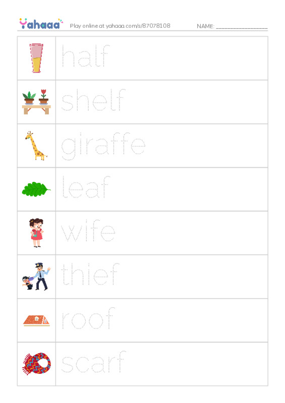 Picture and word rows worksheet for f\fe words