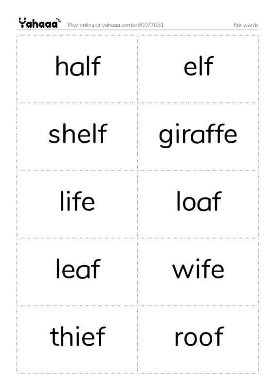 Word flashcards worksheet for f\fe words