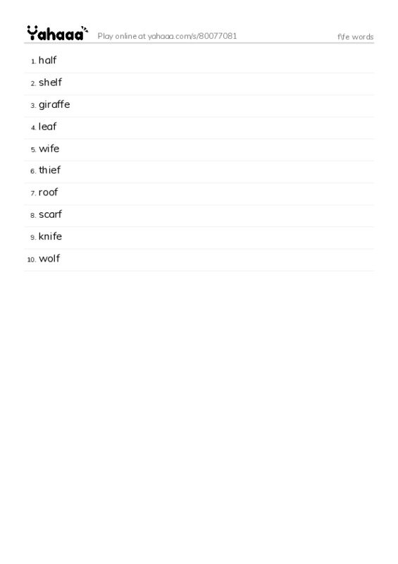 Word list with meanings worksheet for f\fe words