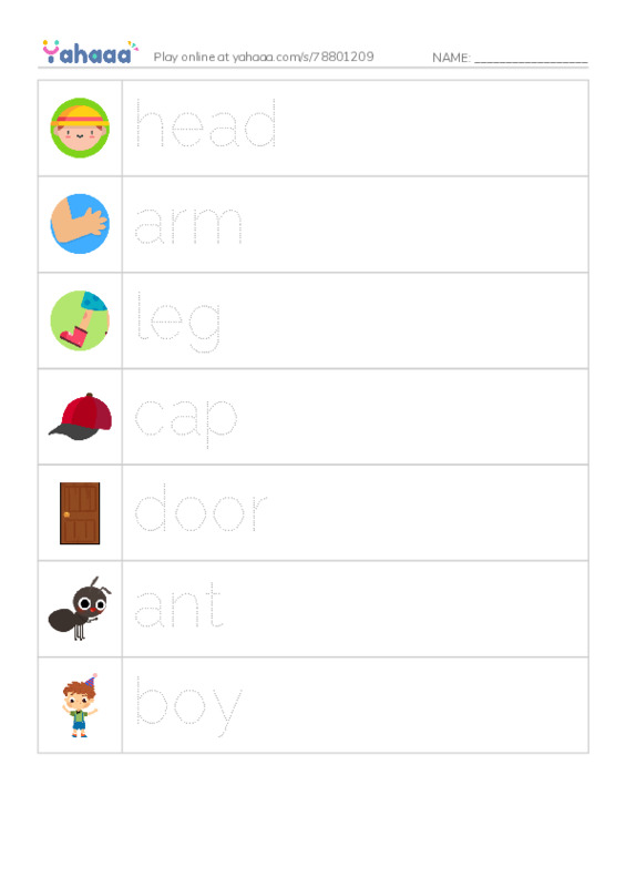 Picture and word rows worksheet for My body