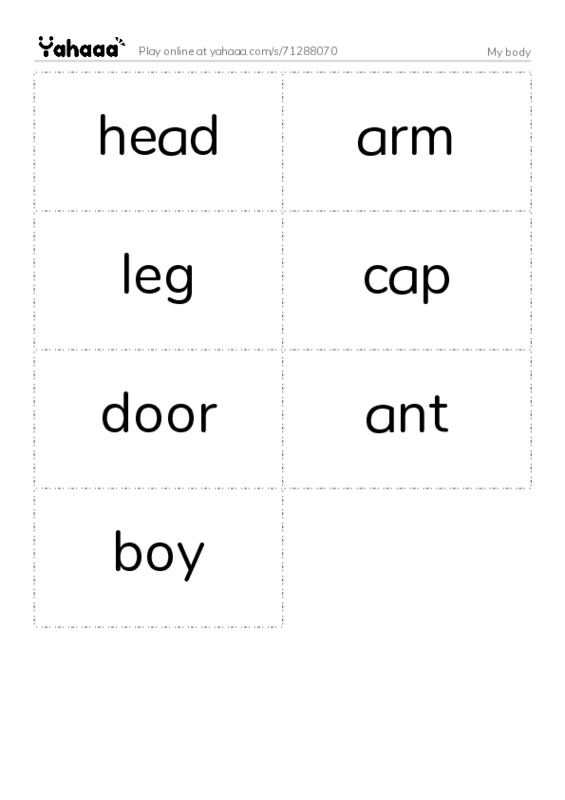 Word flashcards worksheet for My body