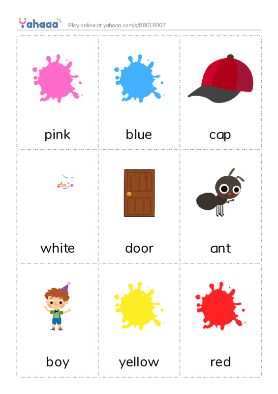 Picture flashcards worksheet for pink, blue, cap and 14 more