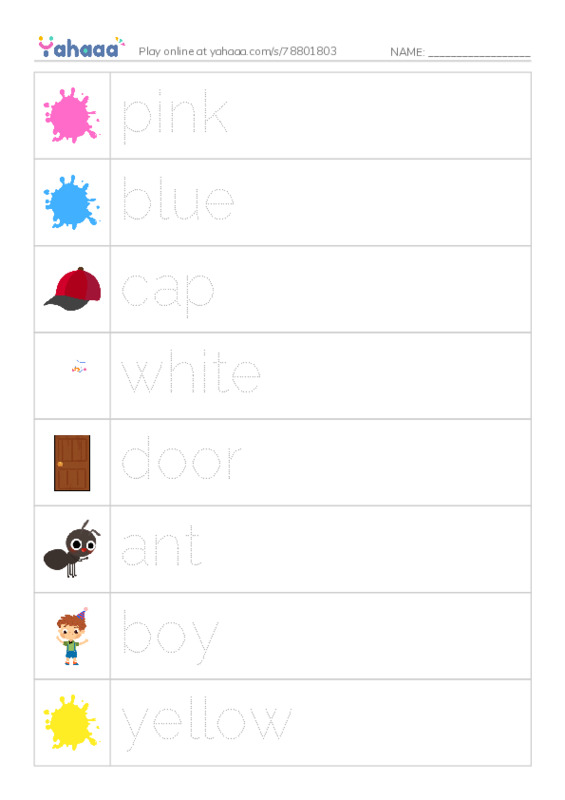 Picture and word rows worksheet for pink, blue, cap and 14 more