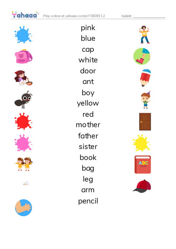 Match both sides worksheet for pink, blue, cap and 14 more