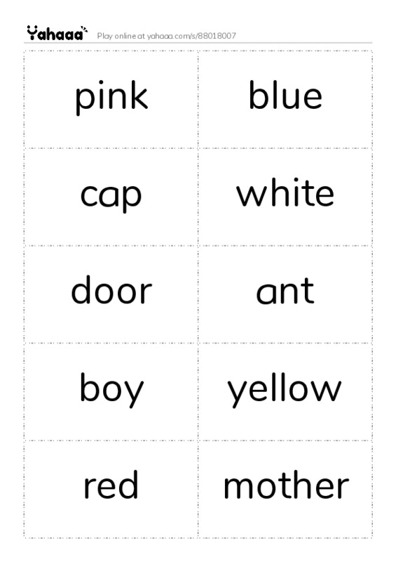 Word flashcards worksheet for pink, blue, cap and 14 more