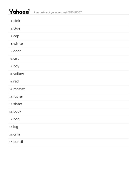 Word list with meanings worksheet for pink, blue, cap and 14 more