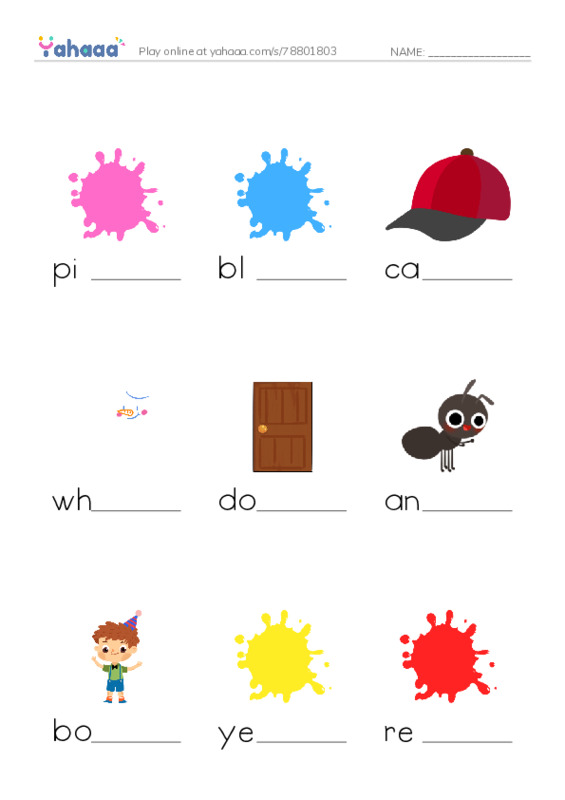 Finish the word worksheet for pink, blue, cap and 14 more
