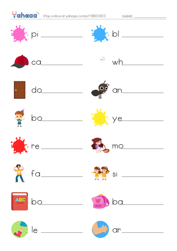 Write the word rows worksheet for pink, blue, cap and 14 more