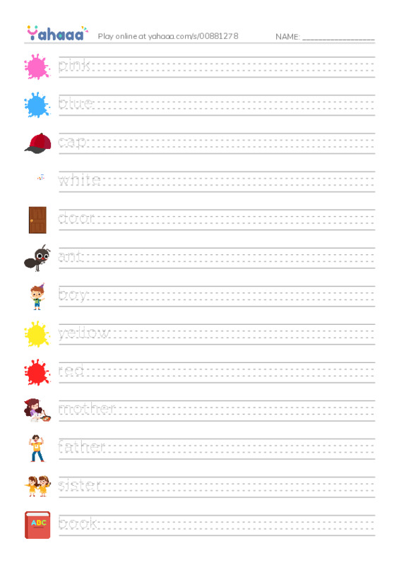 Handwriting lines worksheet for pink, blue, cap and 14 more