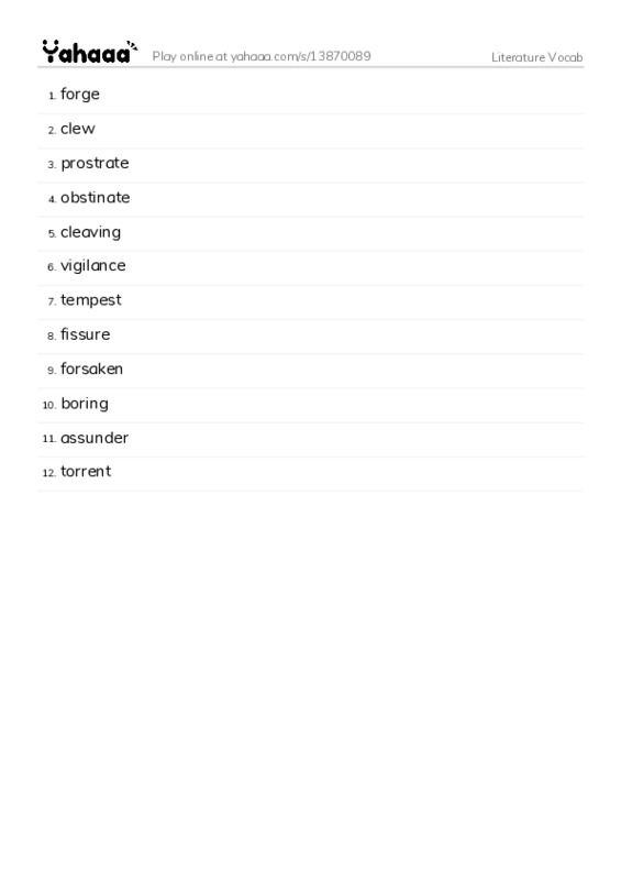 Word list with meanings worksheet for Literature Vocab