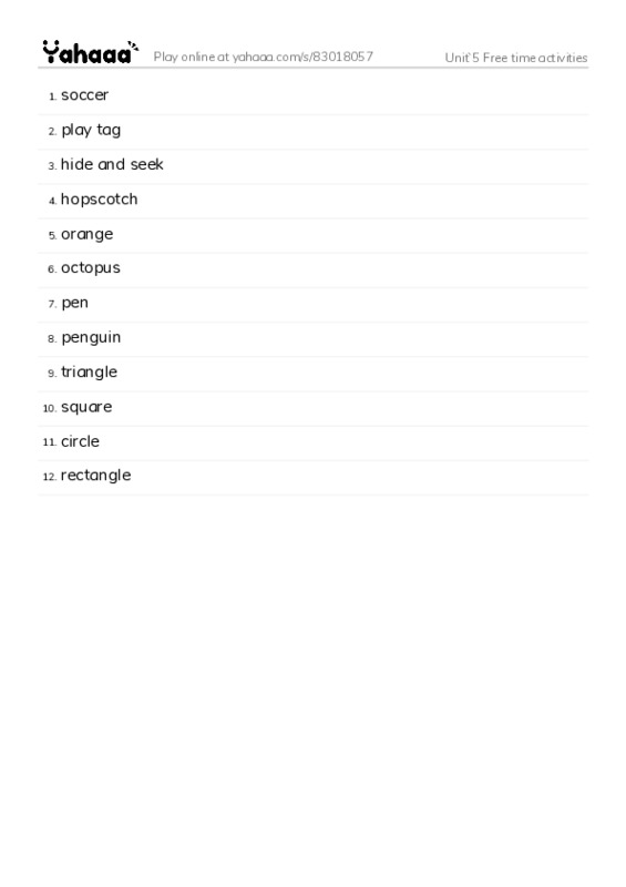 Word list with meanings worksheet for Unit ̀5 Free time activities