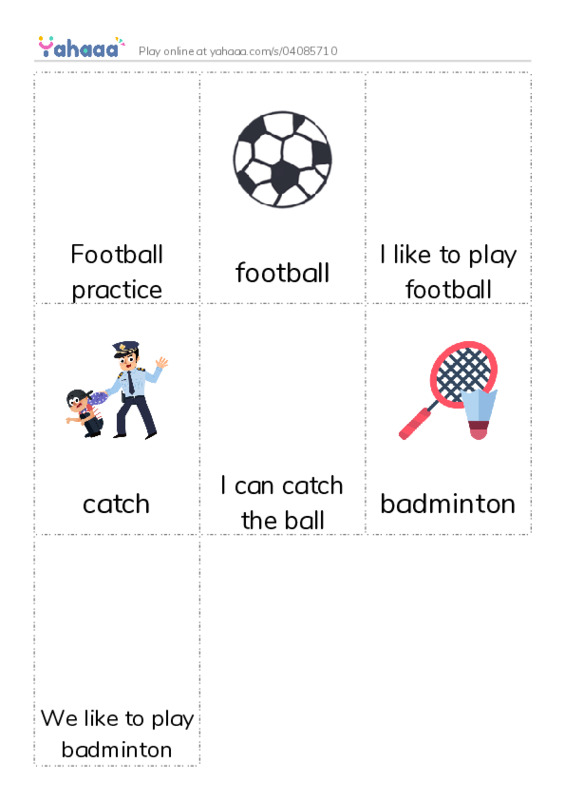Picture flashcards worksheet for Football practice, football, I like to play football and 4 more