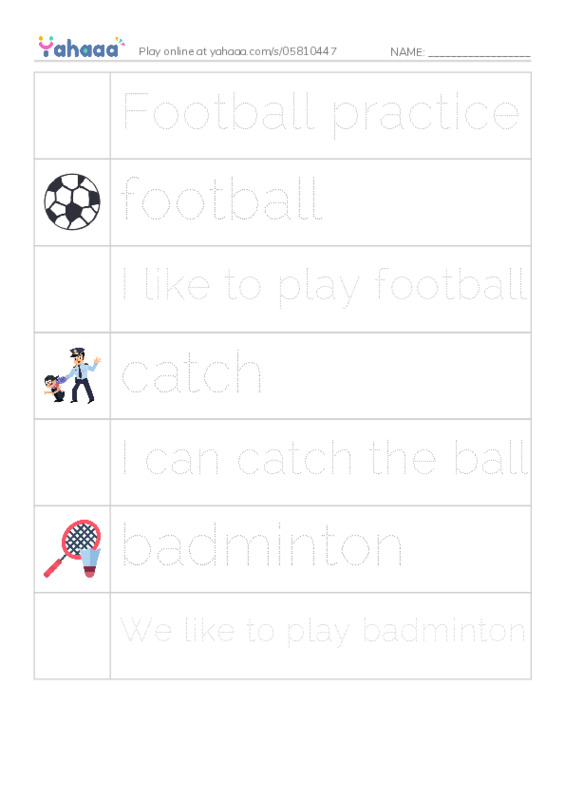 Picture and word rows worksheet for Football practice, football, I like to play football and 4 more