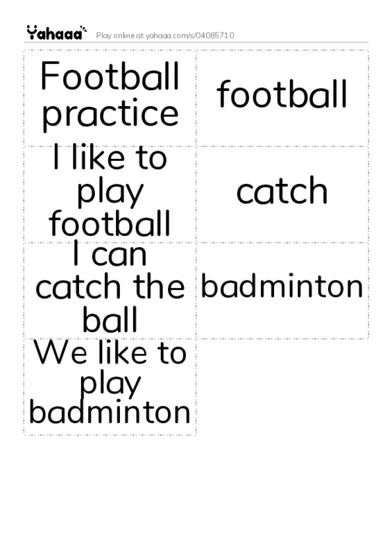 Word flashcards worksheet for Football practice, football, I like to play football and 4 more