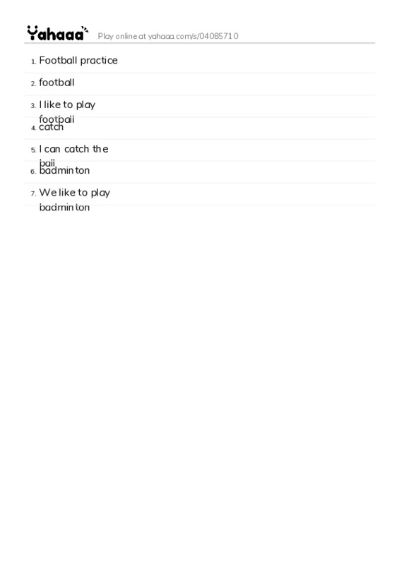 Word list with meanings worksheet for Football practice, football, I like to play football and 4 more