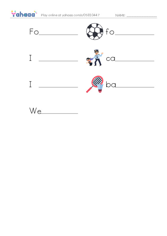 Write the word rows worksheet for Football practice, football, I like to play football and 4 more