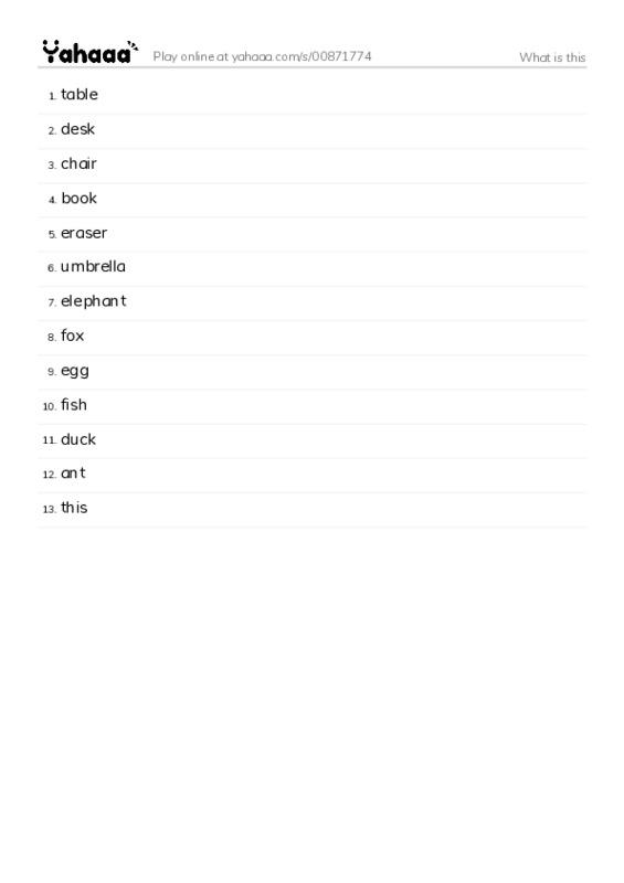Word list with meanings worksheet for What is this