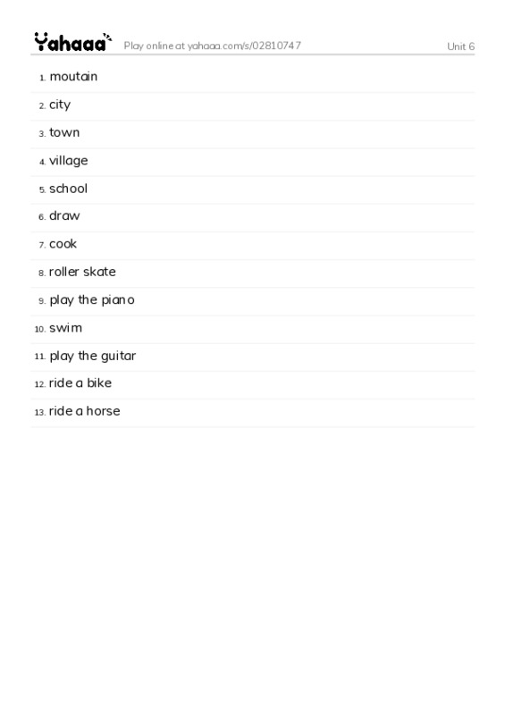 Word list with meanings worksheet for Unit 6