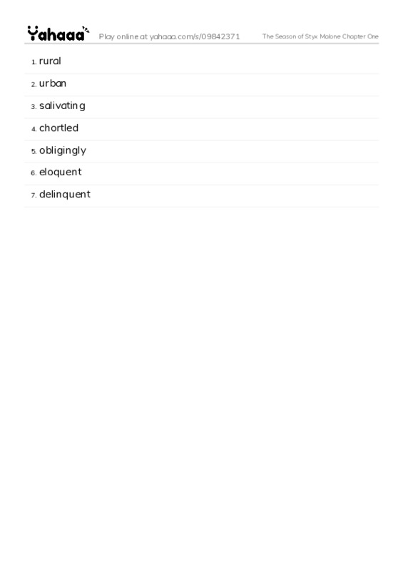 Word list with meanings worksheet for The Season of Styx Malone Chapter One