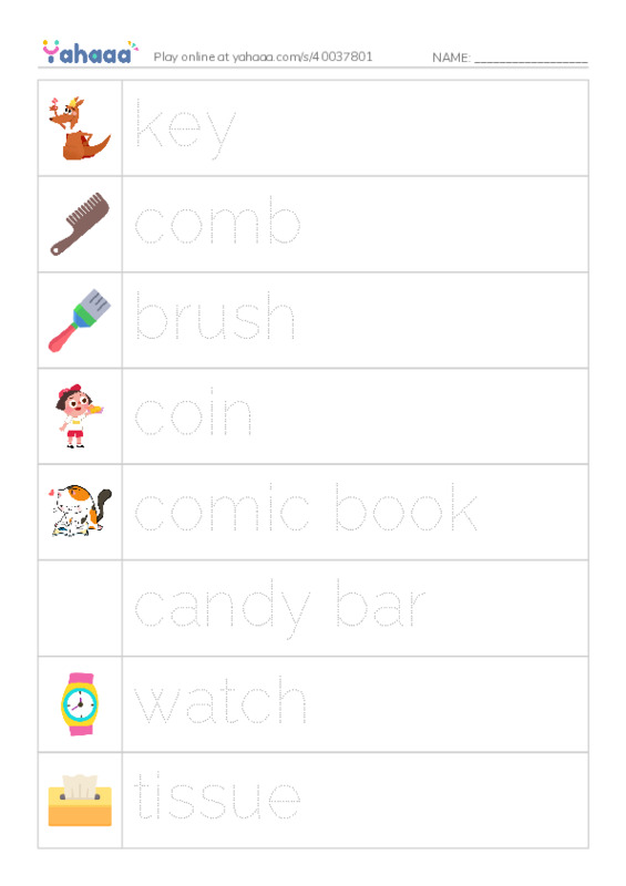 Picture and word rows worksheet for My Things Let's go 2 Unit 2