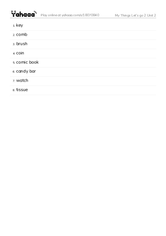 Word list with meanings worksheet for My Things Let's go 2 Unit 2