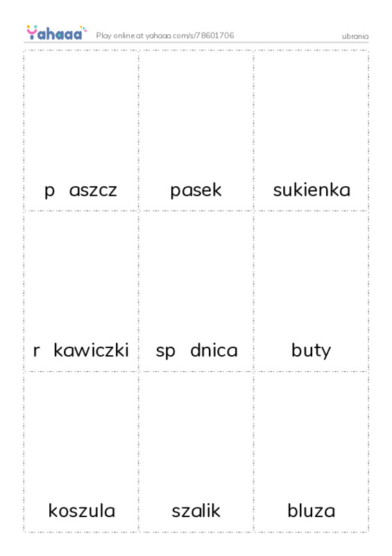 Picture flashcards worksheet for ubrania
