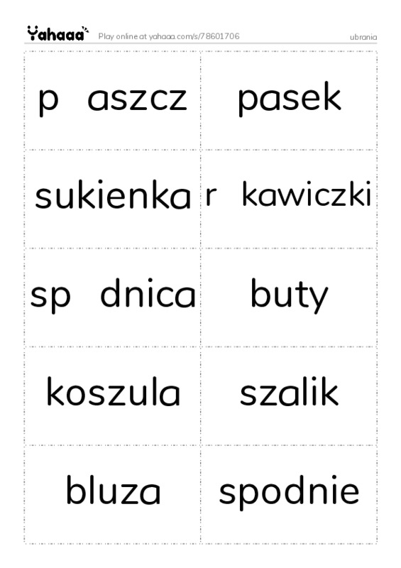 Word flashcards worksheet for ubrania