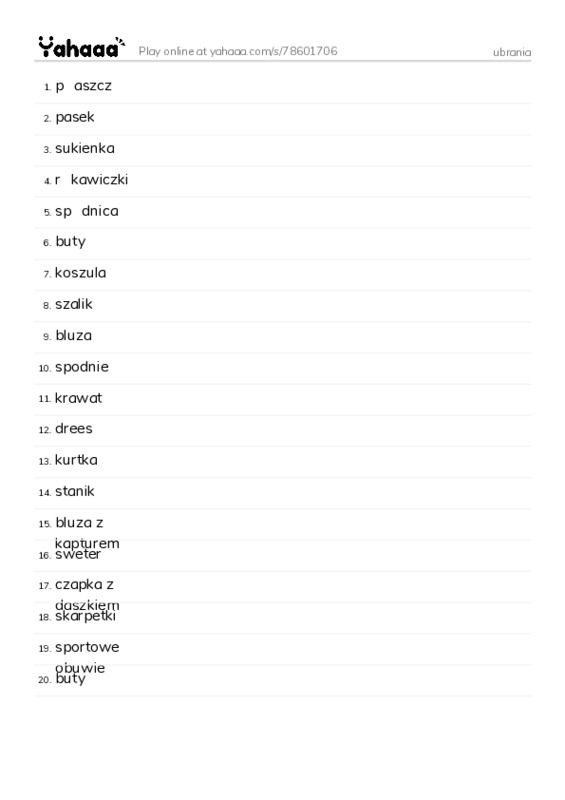 Word list with meanings worksheet for ubrania